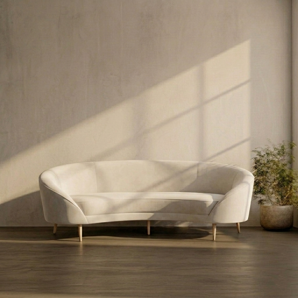 White sofa in a room with a textured wall and a plant