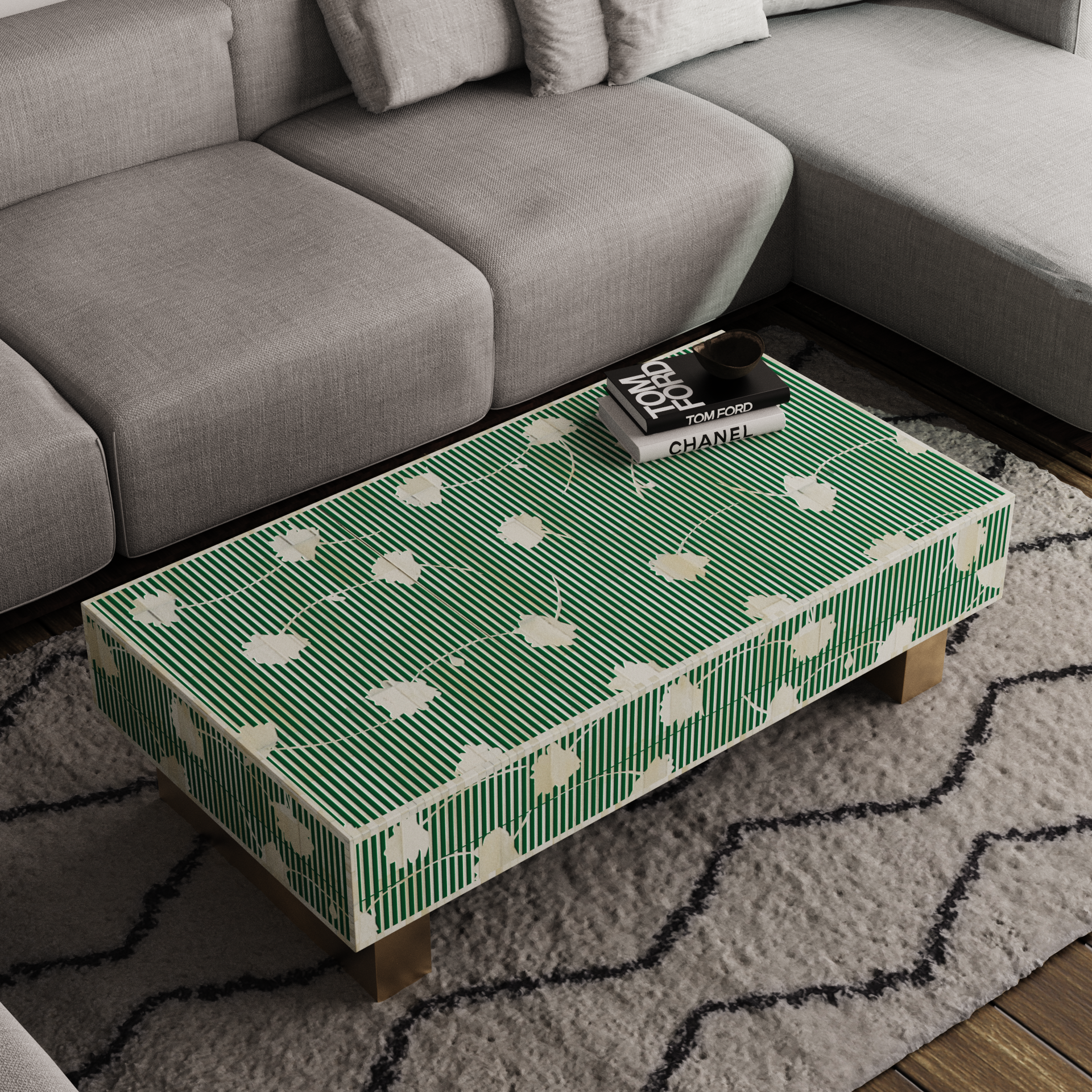"rectangular coffee table with vibrant bone inlay patterns"
