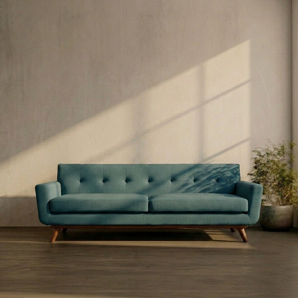 Teal sofa in a room with a neutral wall and plant
