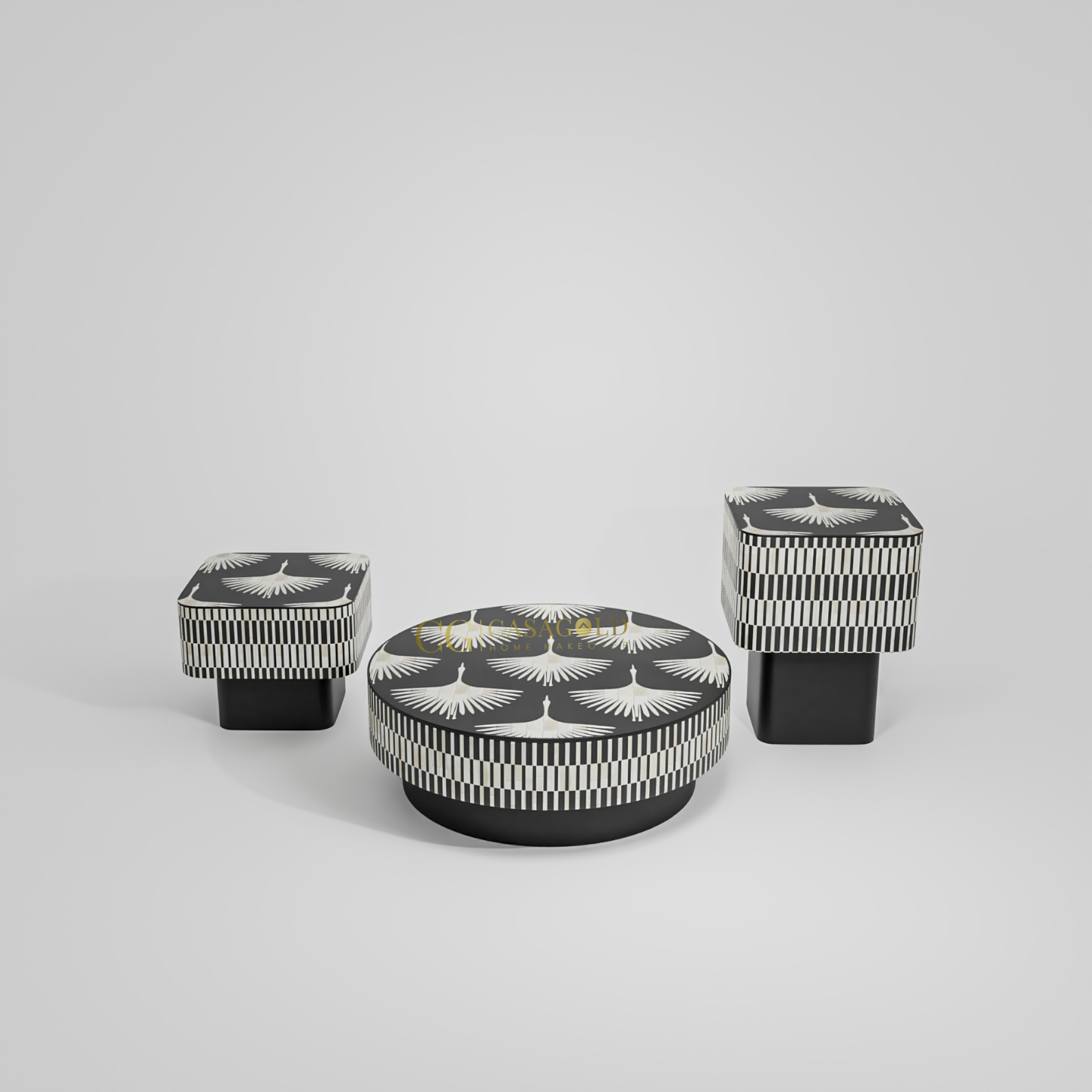 A stylish black and white living room furniture collection. The round central piece has a striking wing design