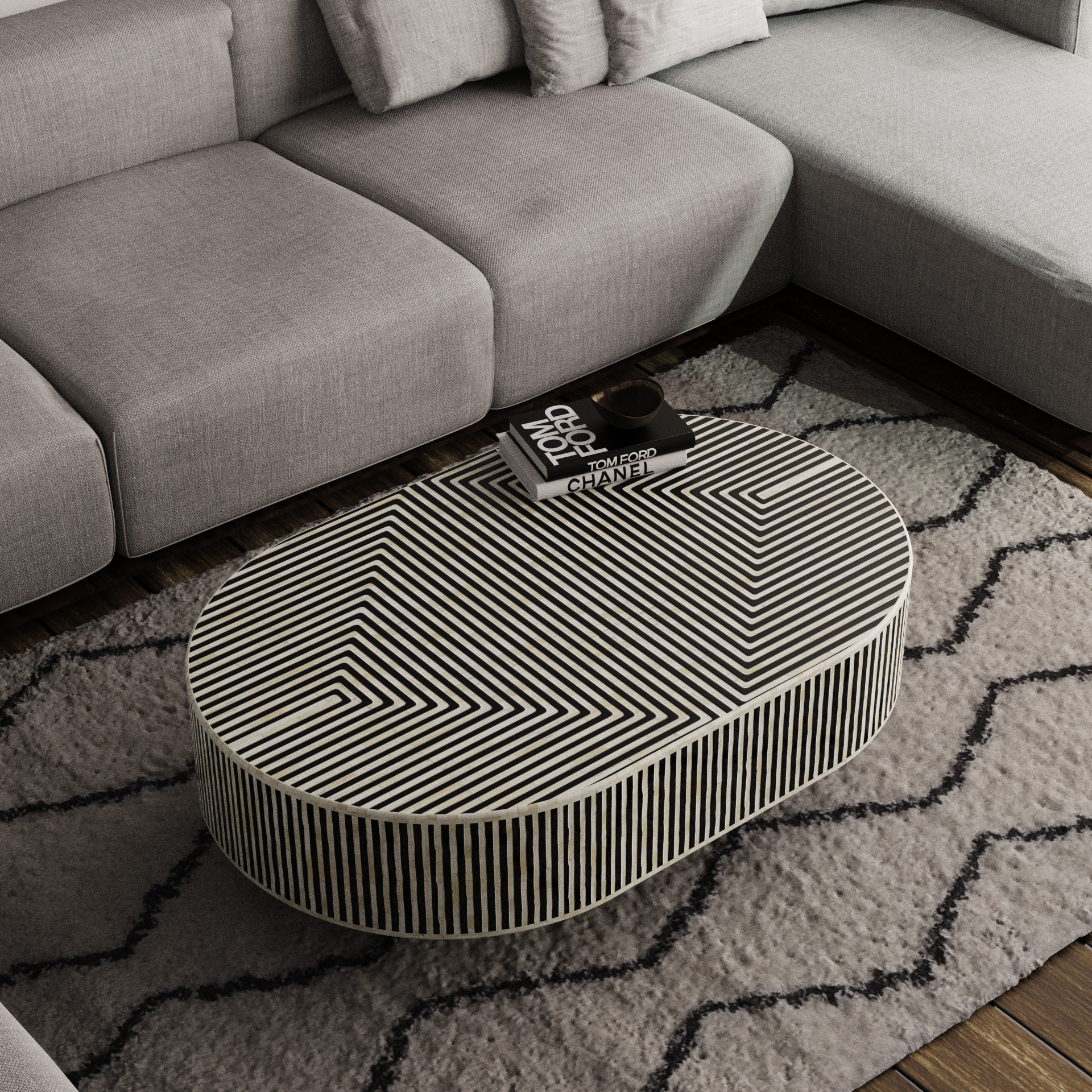 Striped Inlay Oval Shape Coffee Table