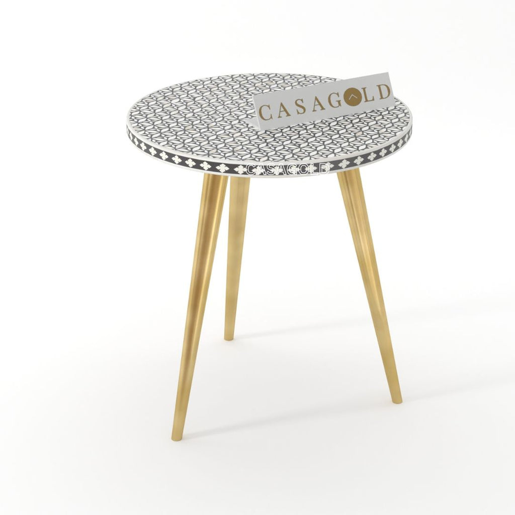 Geometric Floral Three leg inlay with Gold Legs Side Table