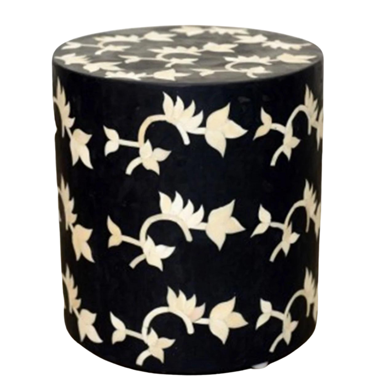 Floral Drum Inlay Side Table - BLACK