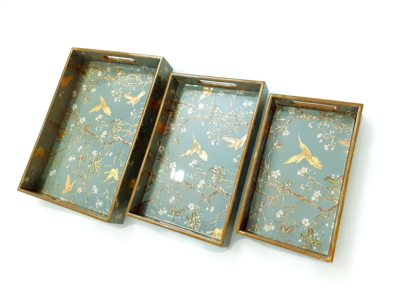 Grey Printed Wooden Tray- Set of 3