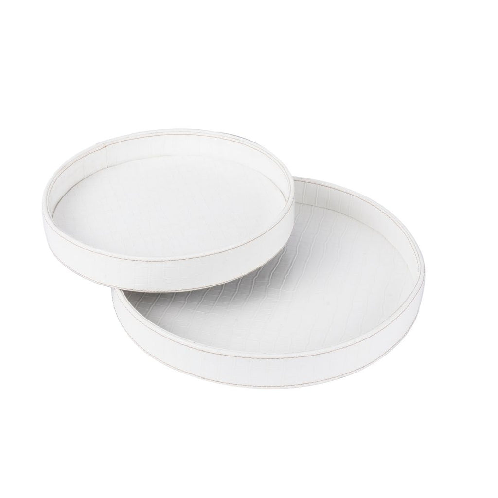 Round White Leather Tray - Set of 2