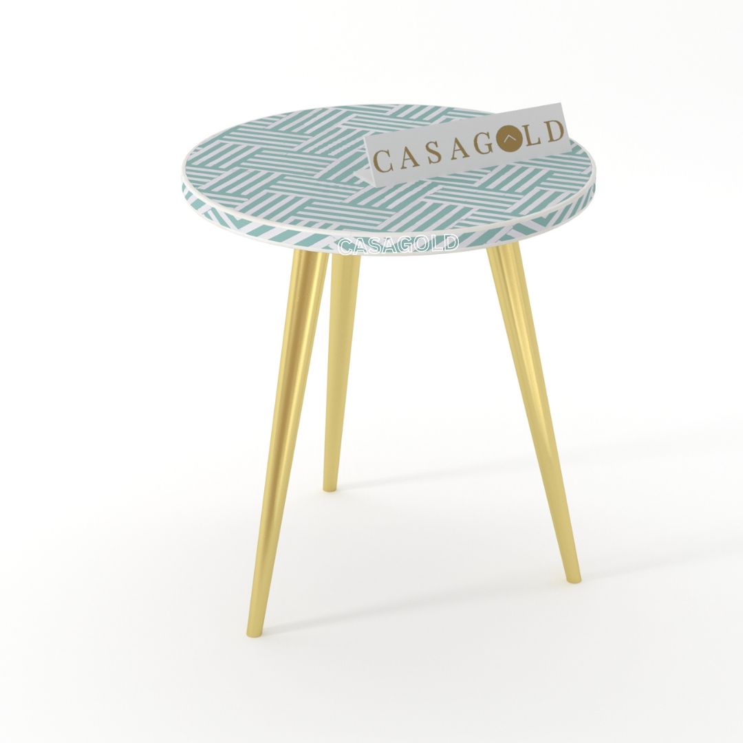 Chevron Three leg inlay with Gold Legs Side Table