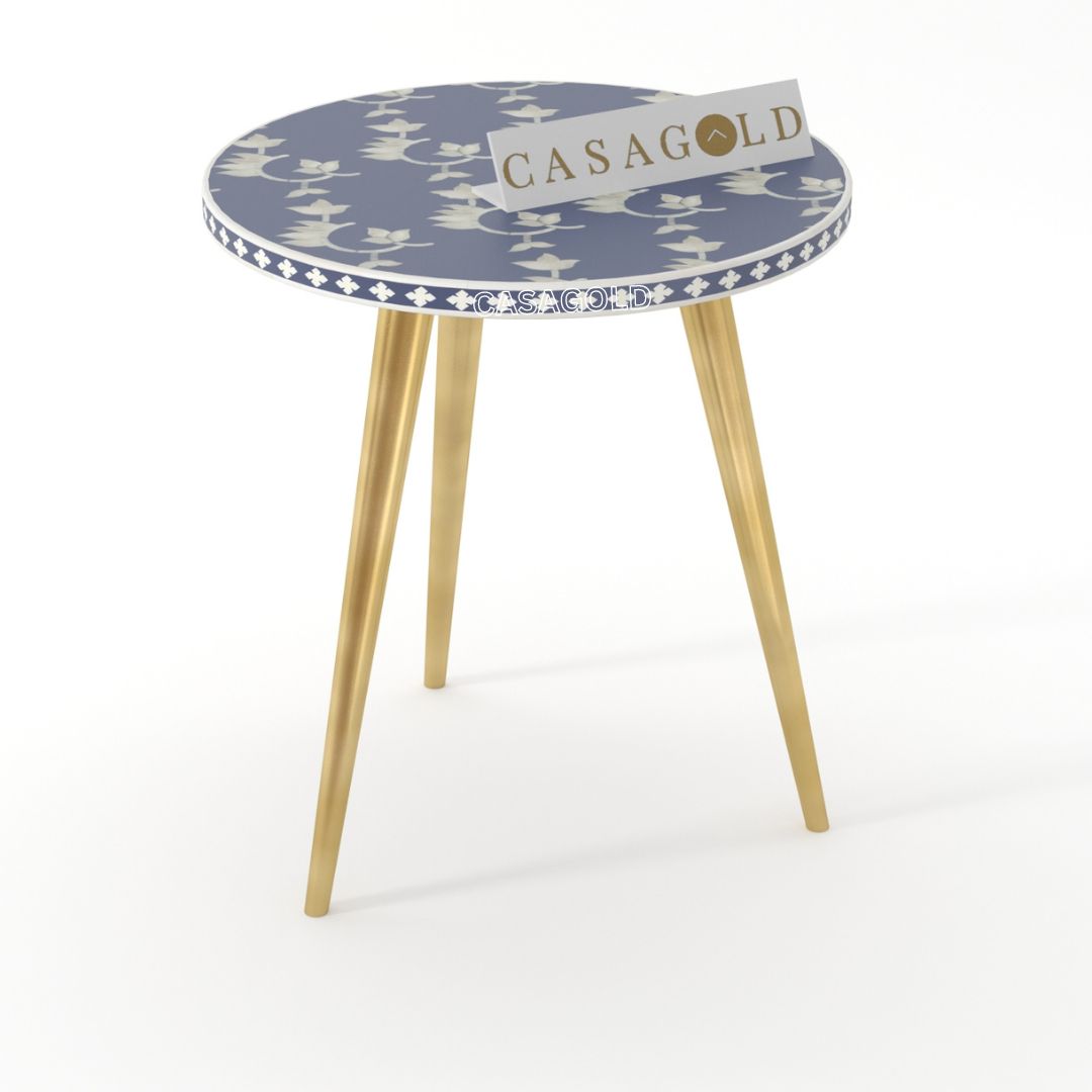 Floral Overlay Three leg inlay with Gold Legs Side Table