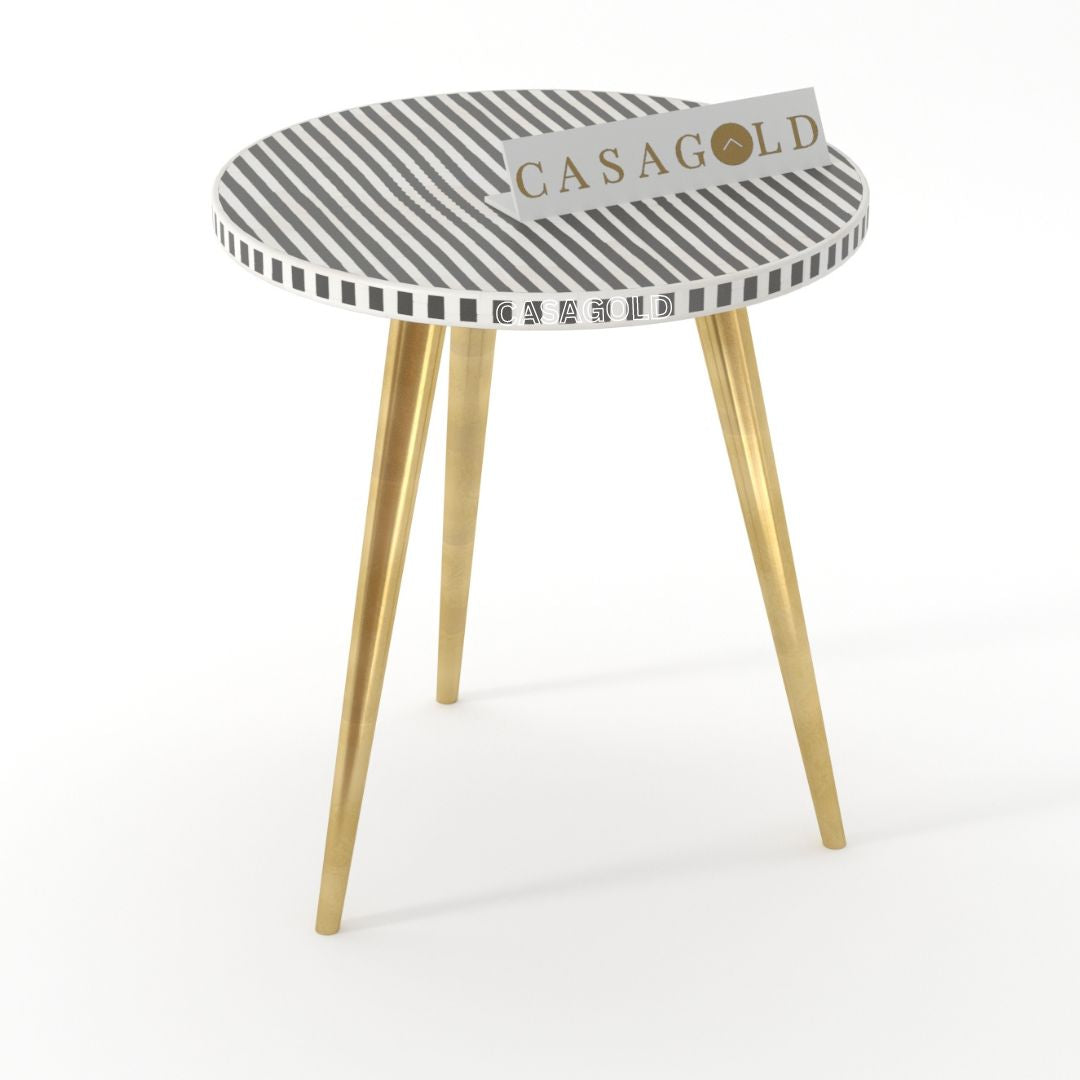 Waterfall Round Three leg Inlay with Gold Legs Side Table