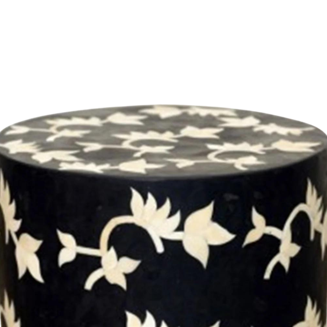 Floral Drum Inlay Side Table - BLACK