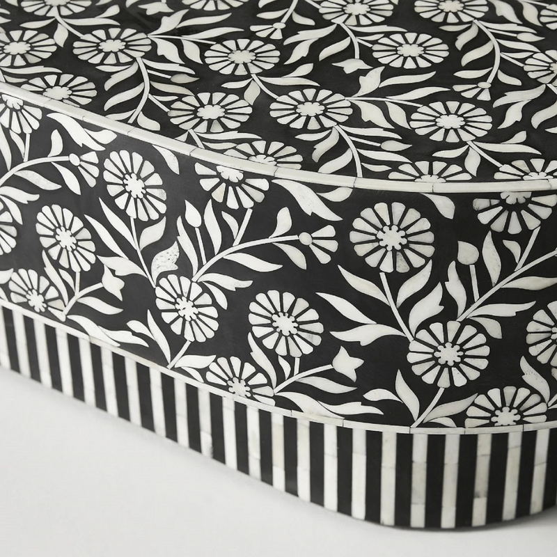 Sunflower Inlay Oval Shape Coffee Table - Black & White