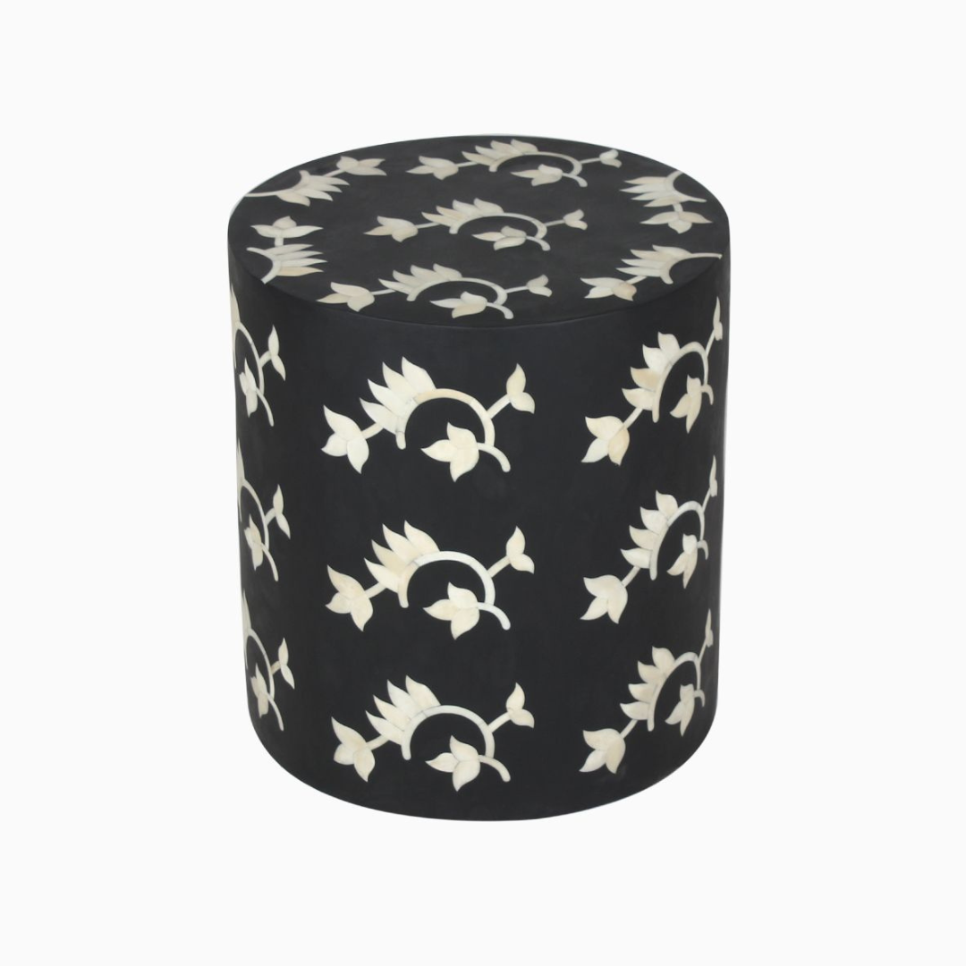 Overlay Floral Drum Inlay Side Table - BLACK
