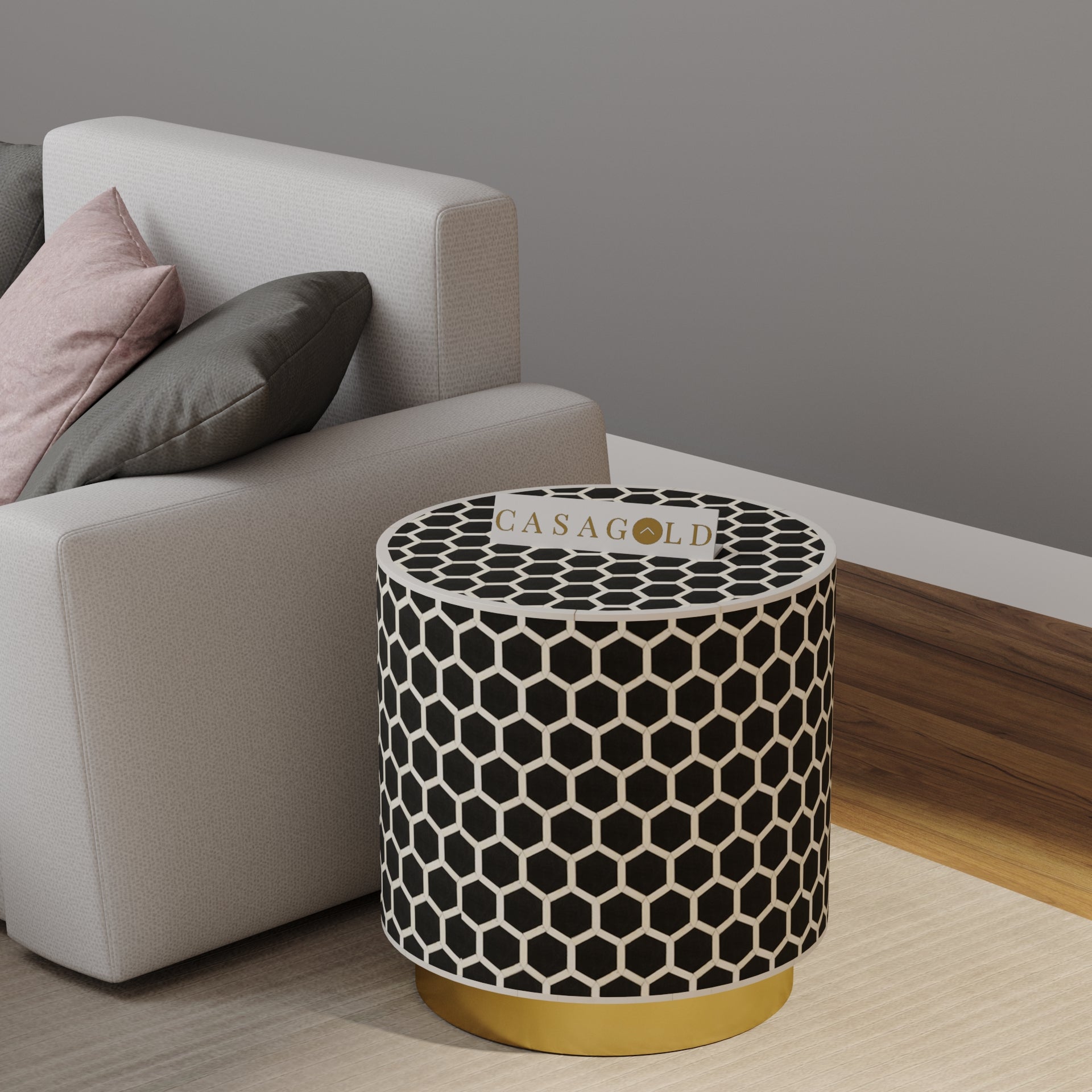 Drum Inlay Side Table - HoneyComb
