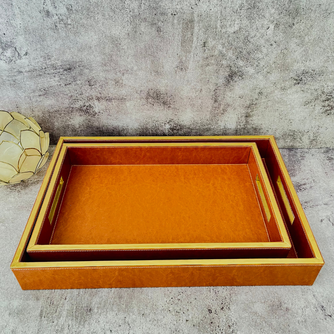 Tan Leather Tray - Set of 2