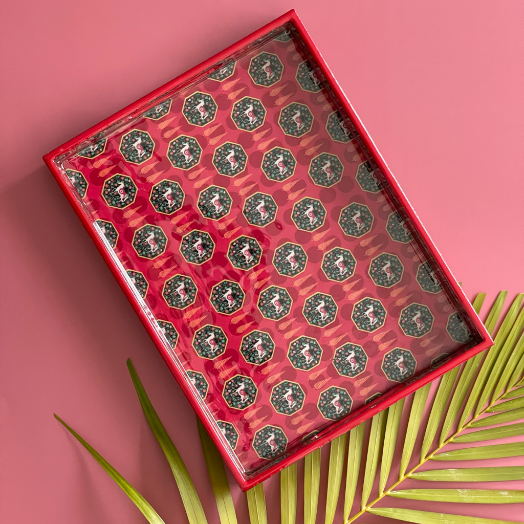 Red Printed Wooden Tray