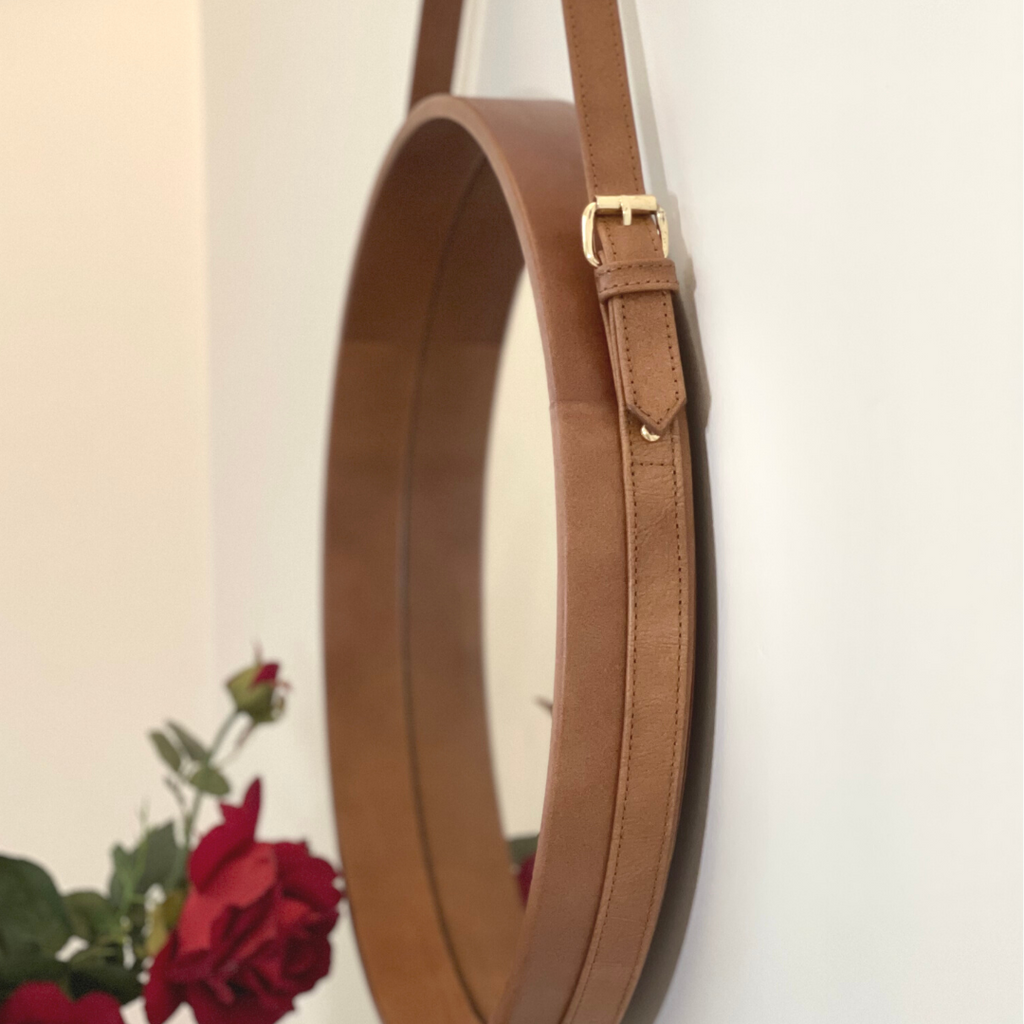 Tan Leather Round Mirror with Belt