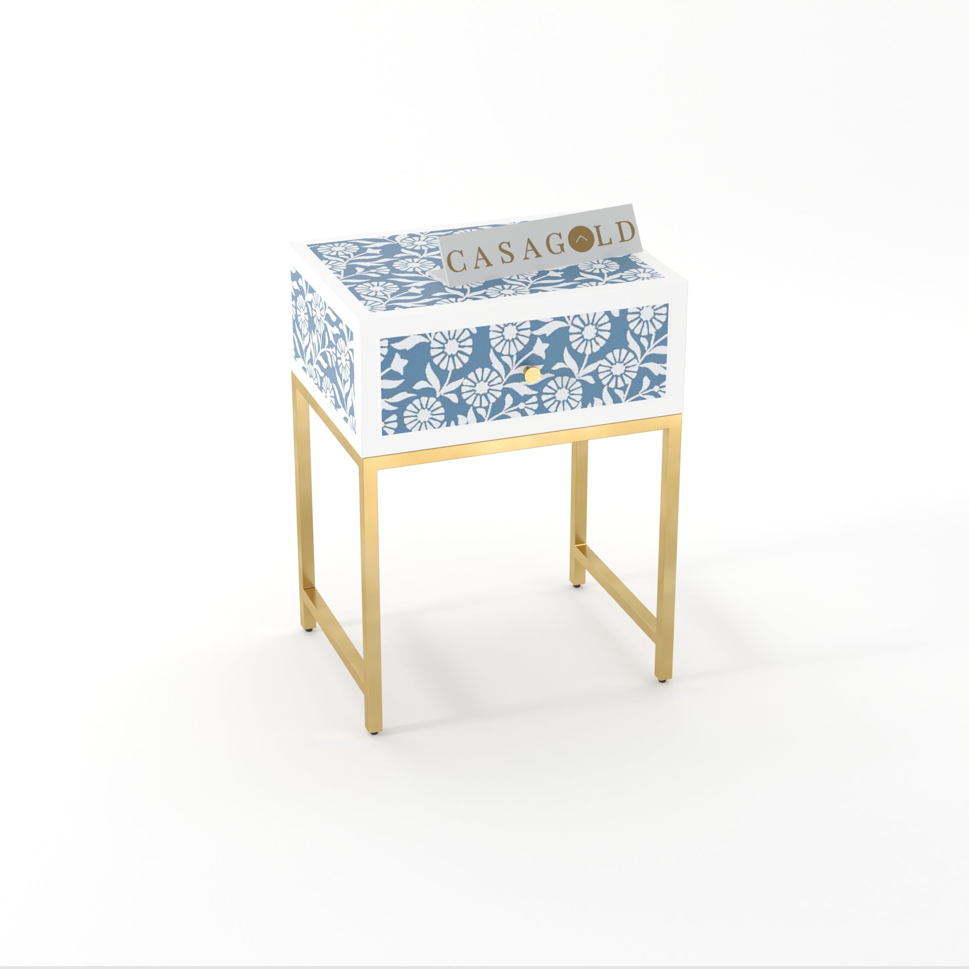 Antique-Style Round Bone Inlay Table with Gold Legs	