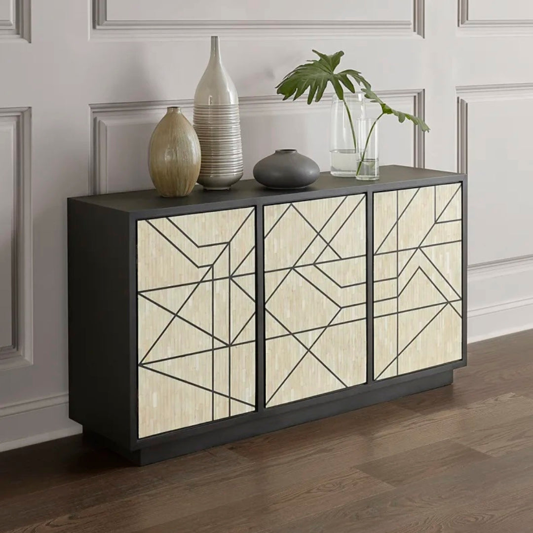 Antique-finish chevron bone inlay sideboard with vintage styling.
