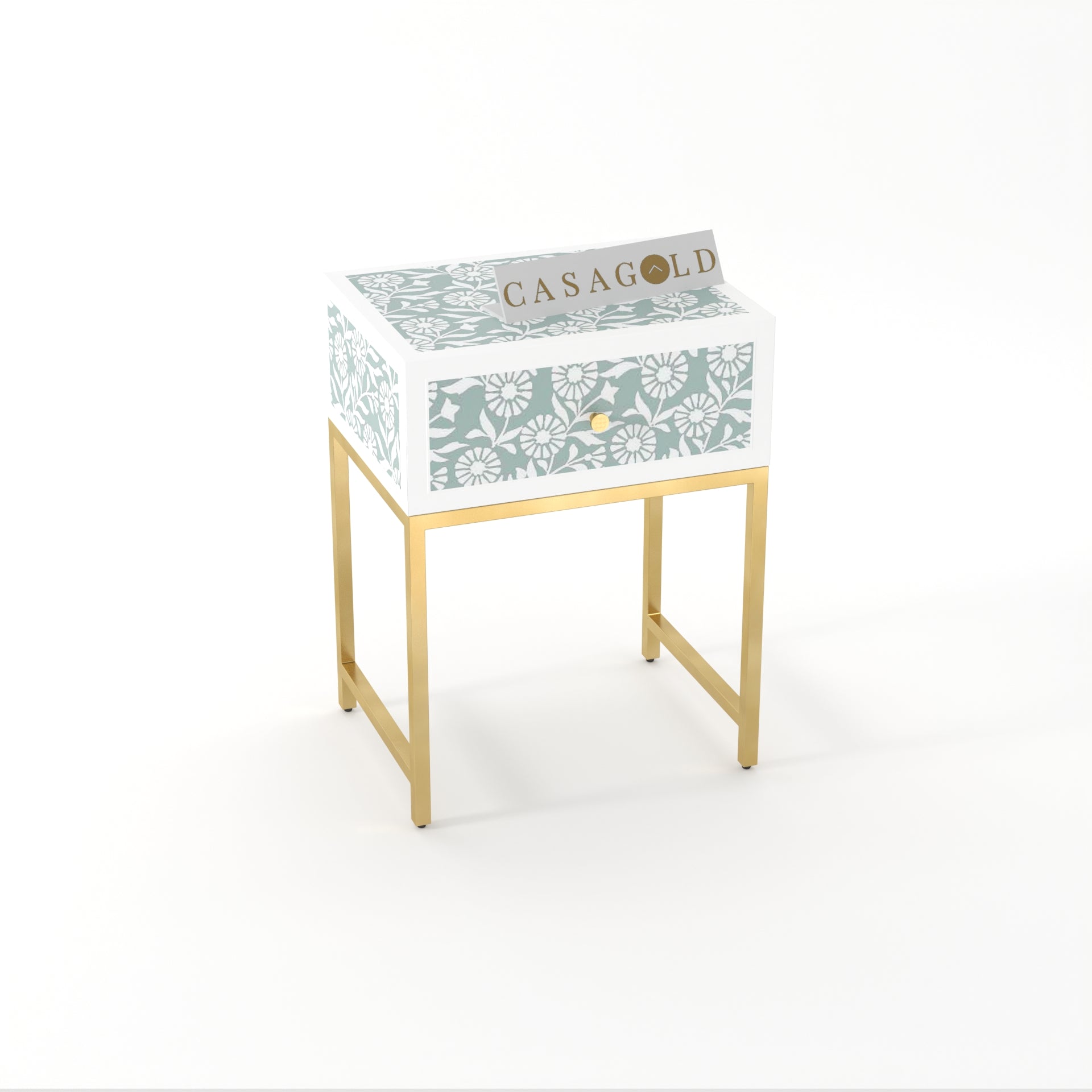 "Antique-style round bone inlay bedside table supported by elegant gold legs"
