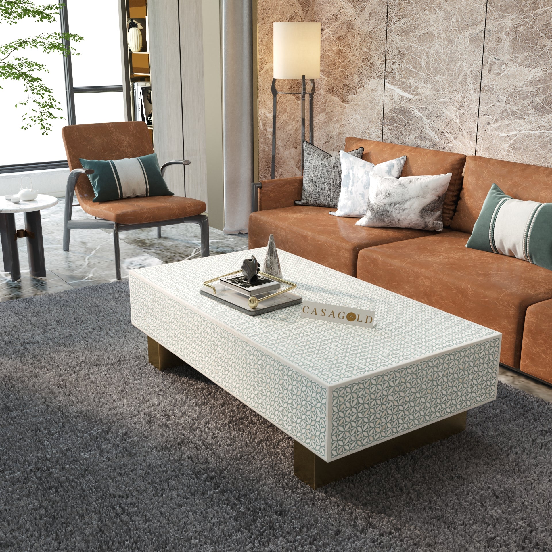 Artistic Bone Inlay Rectangular Coffee Table	
