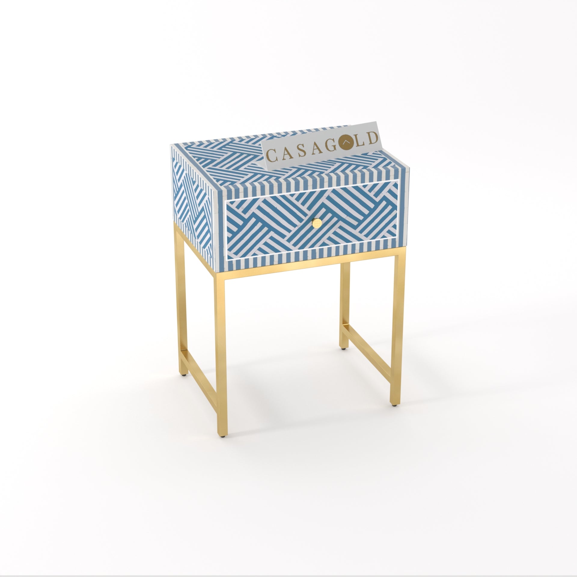 Artistic Chevron Inlay Bedside Table with Gold Legs	