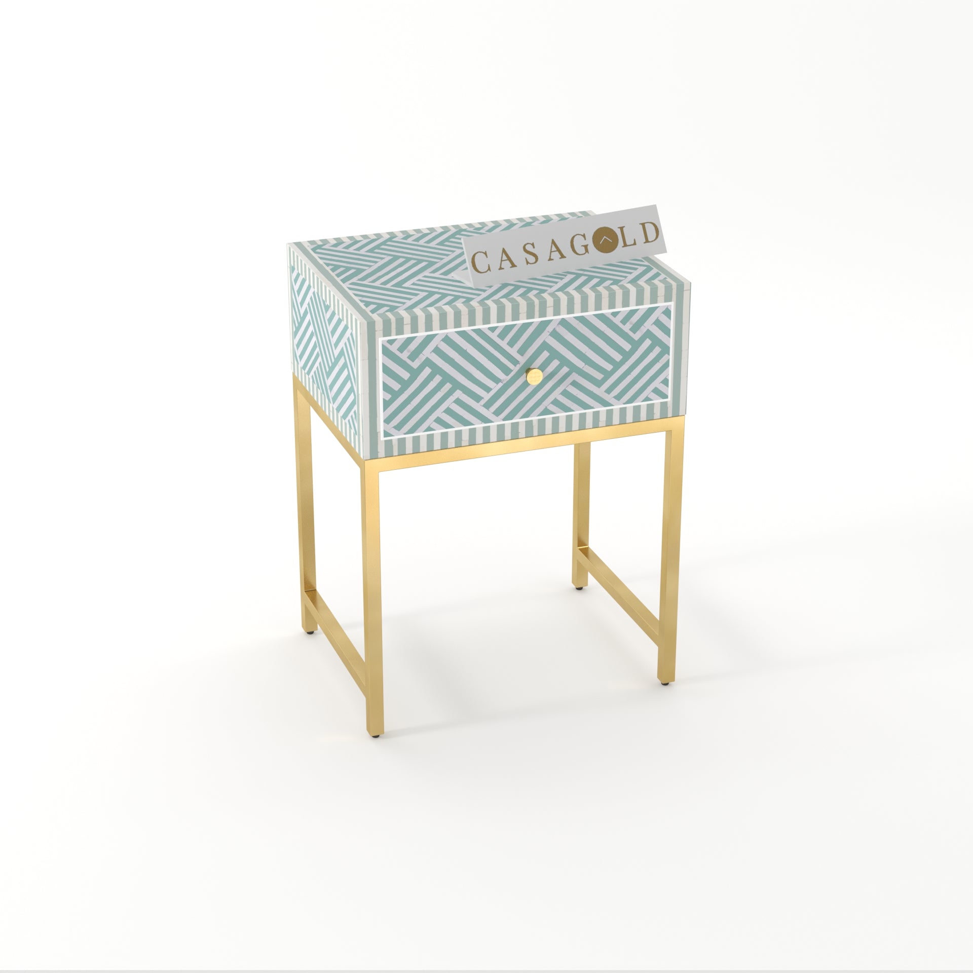 "Artistic Chevron  inlay bedside table with elegant gold legs"
