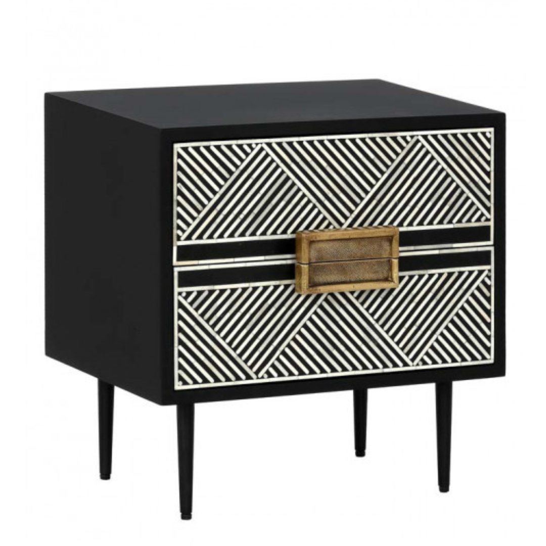 Artistic Rectangular Bone Inlay Bedside Table with Gold Legs	