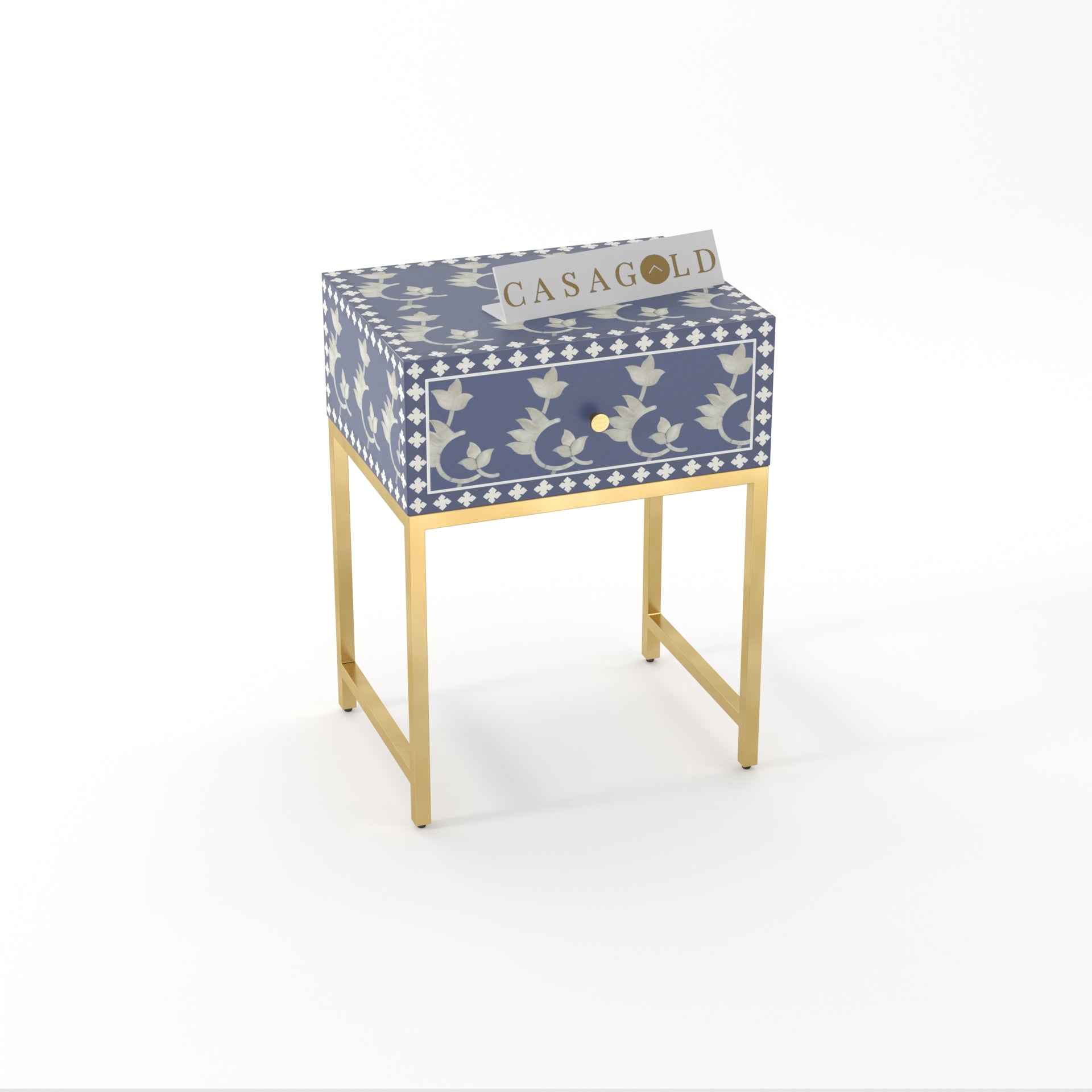Artistic Round Bone Inlay Bedside Table with Gold Legs	