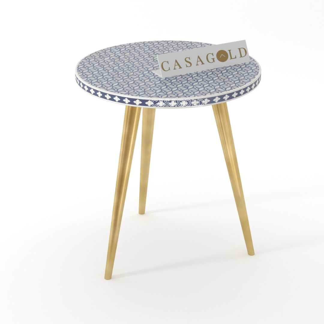 "Artistic bone inlay round side table featuring unique patterns and 3-leg support"
