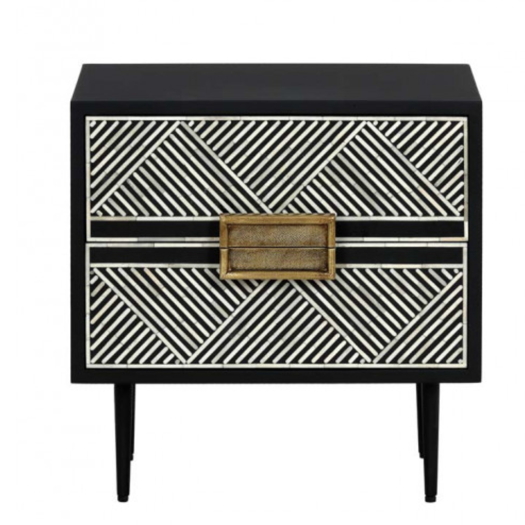 "Artistic rectangular bone inlay bedside table with unique patterns and gold legs"
