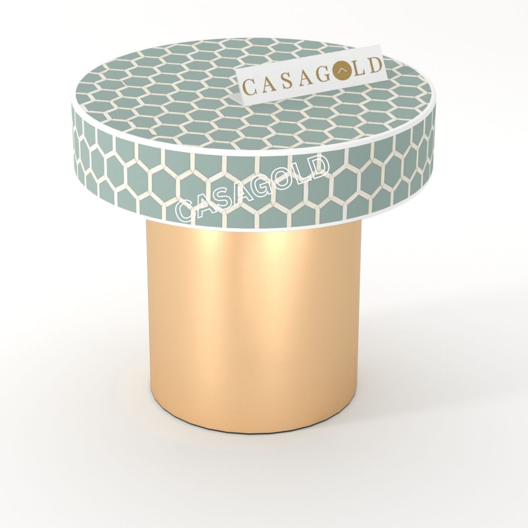 "Artistic round bone inlay bedside table with intricate patterns for an elegant home decor"
