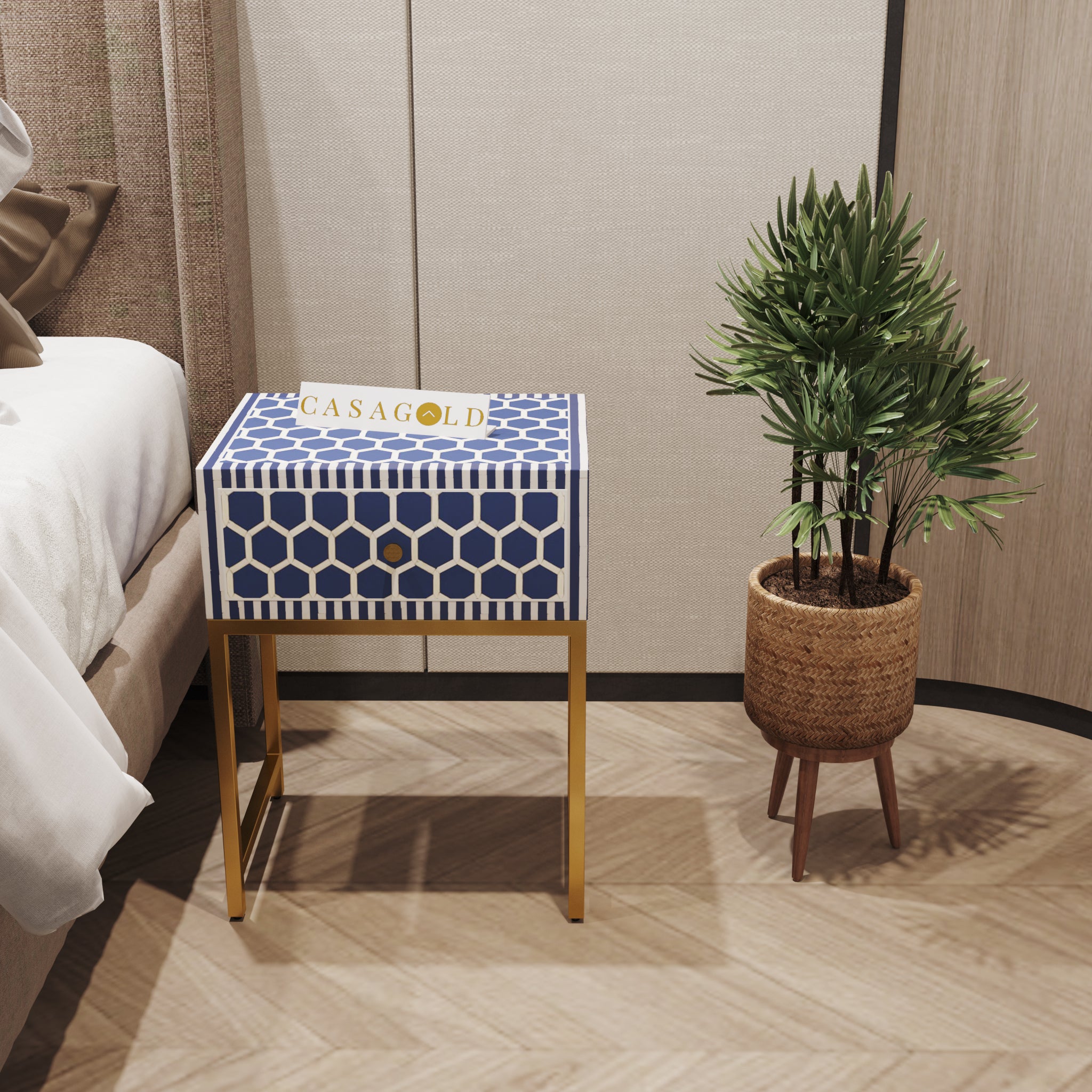 Vintage Round Bone Inlay Bedside Table with Gold Frame	