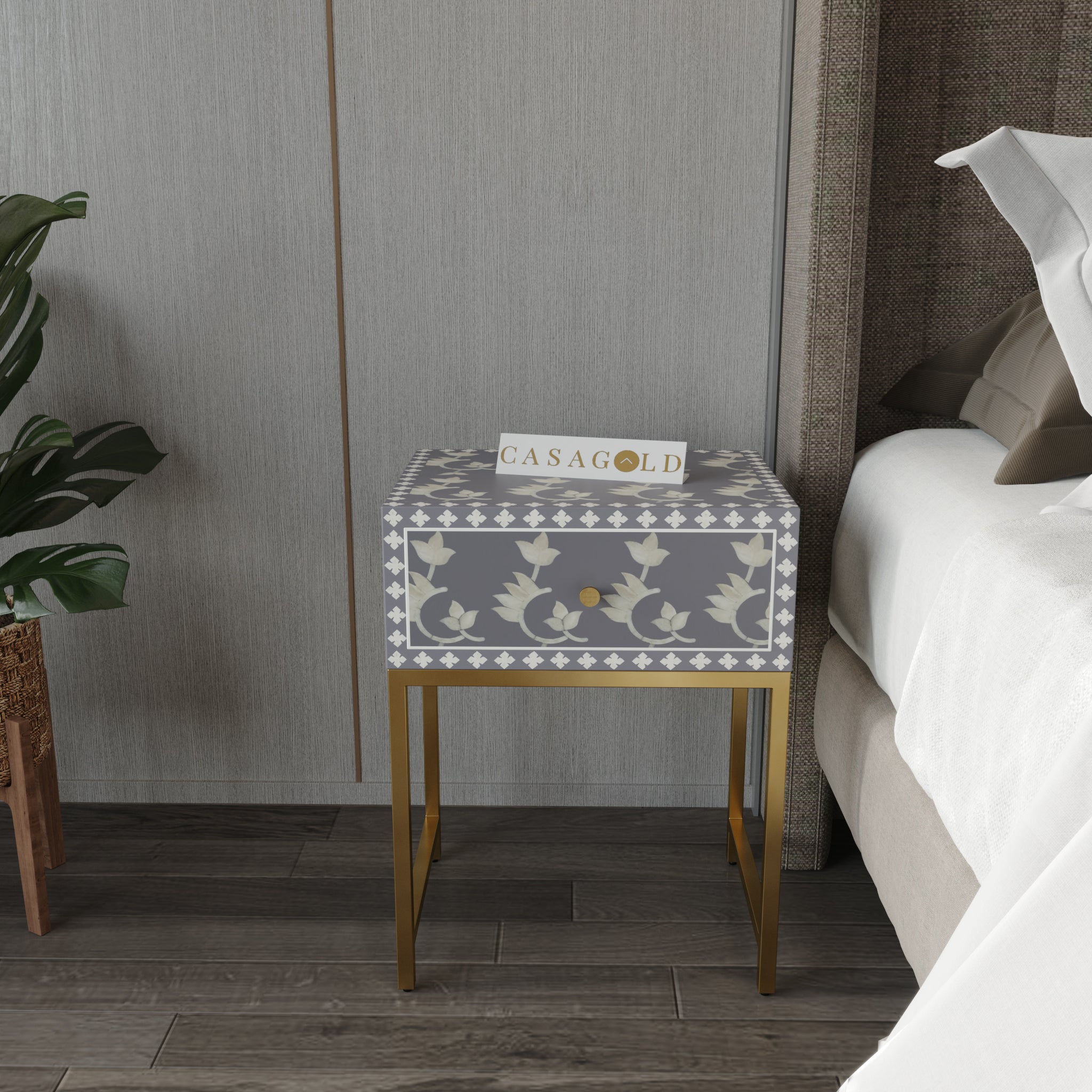 "Multicolor bone inlay bedside table with decorative gold legs for vibrant decor"
