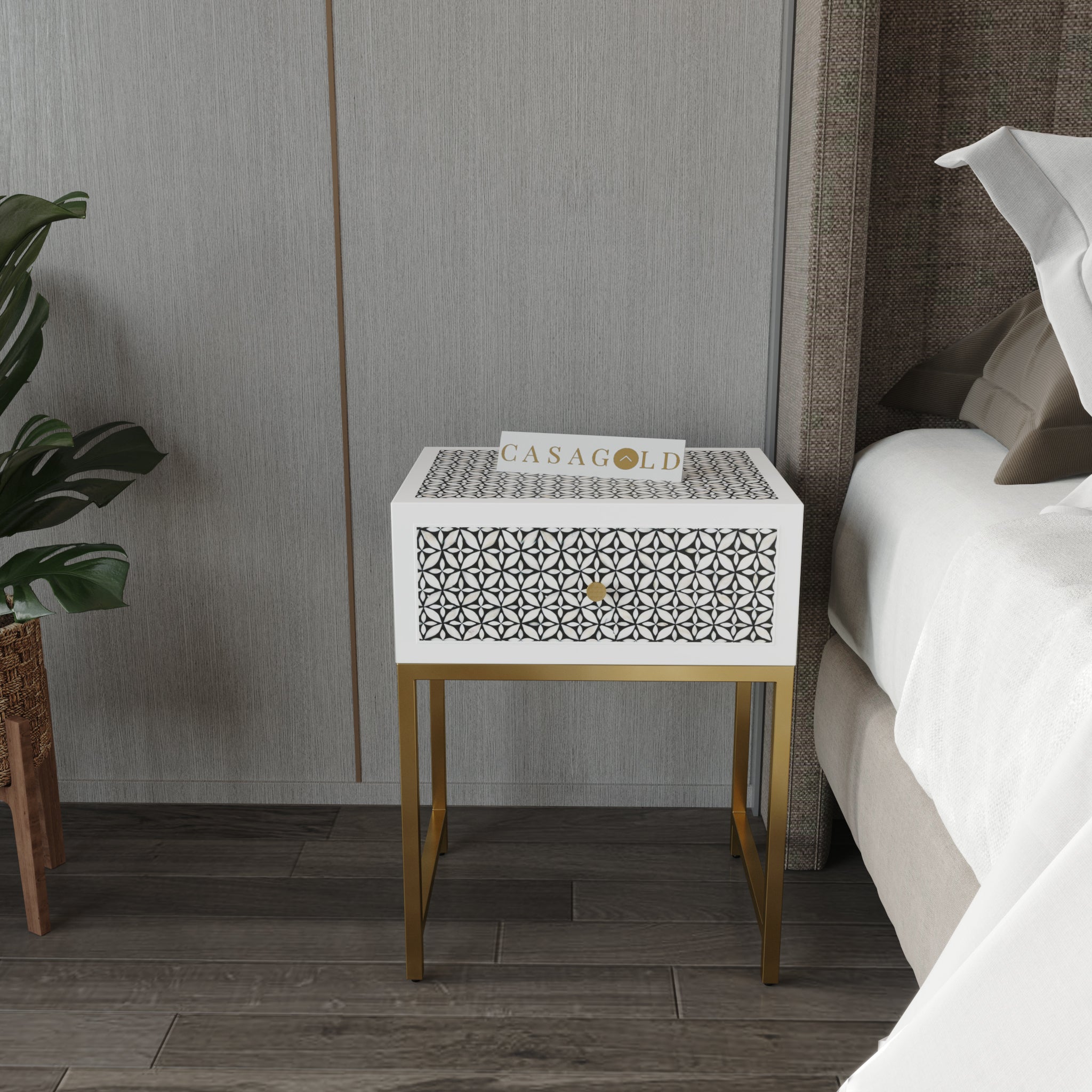"Compact bone inlay bedside table with refined gold accents"
