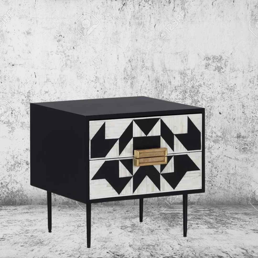 Black Bone Inlay Rectangular Bedside Table with Gold Frame	