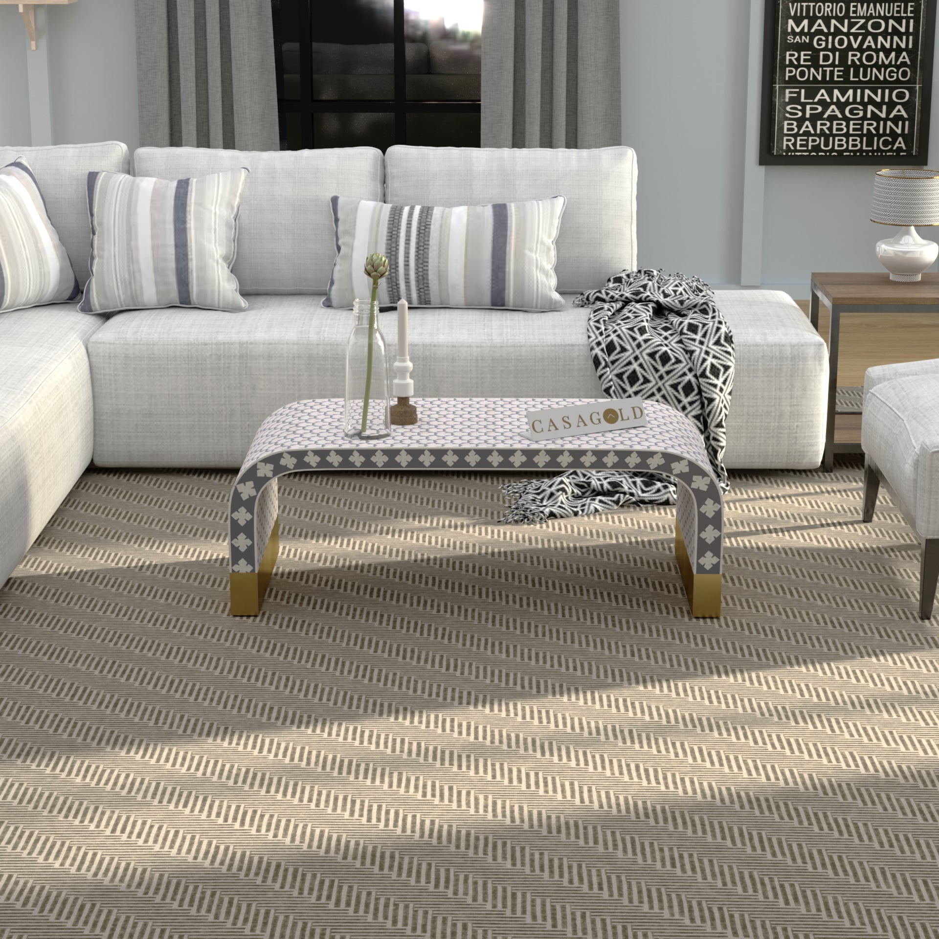 Black Bone Inlay Rectangular Table with Chevron Pattern	