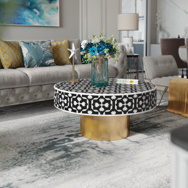 Black and white bone inlay coffee table round
