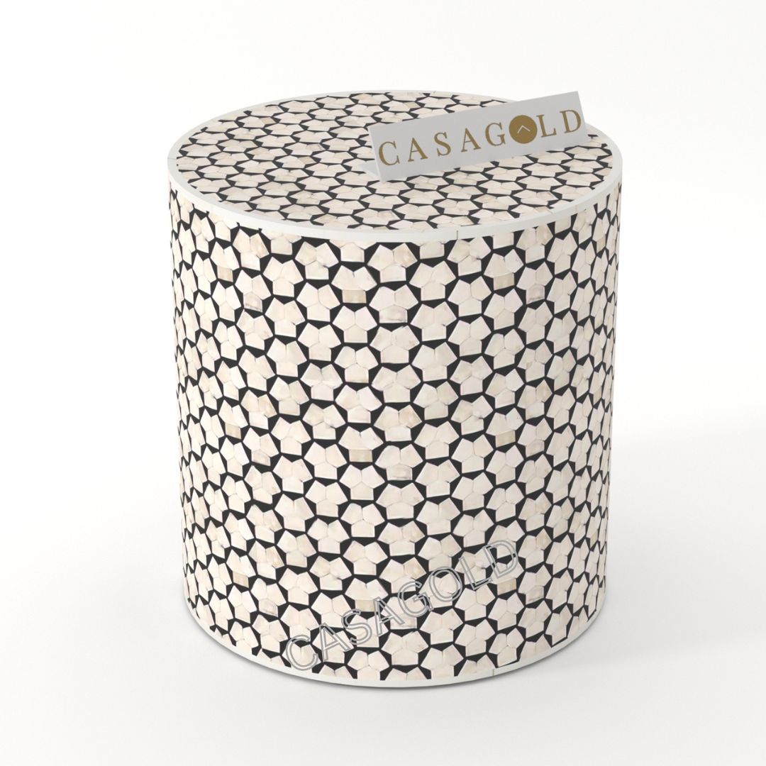 Black Drum Inlay Side Table with Subtle Patterns	