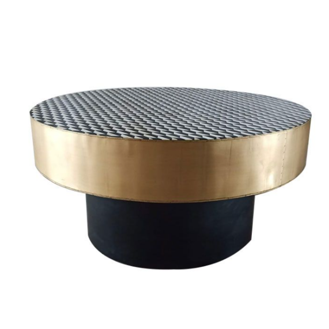 Black & Gold Brass Handmade round coffee table with inlay work