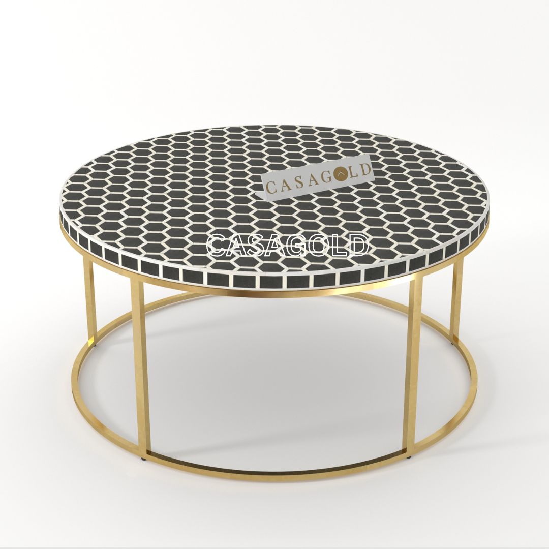 Black Honeycomb Bone Inlay Round Coffee Table	