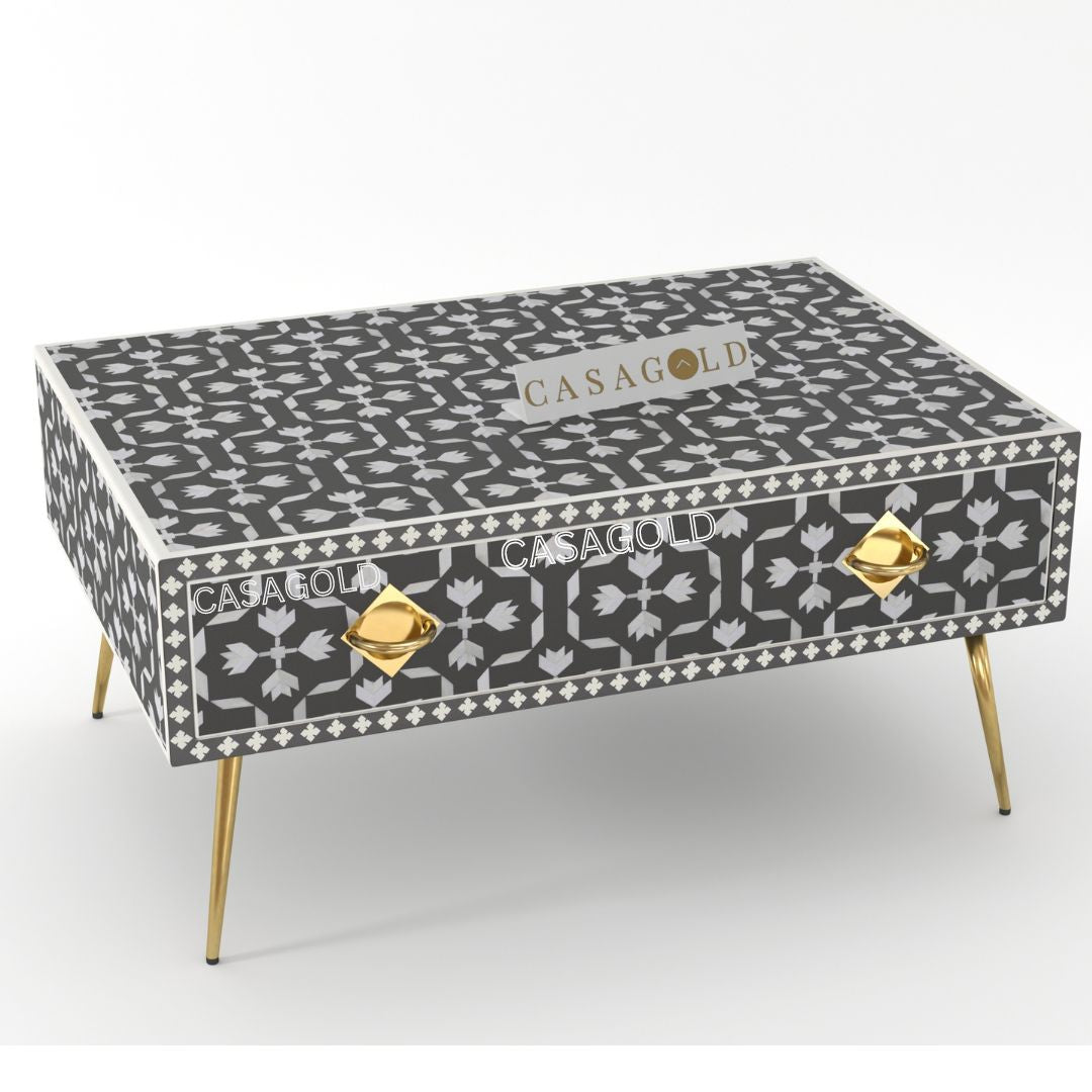 "Rectangular coffee table featuring floral bone inlay patterns"
