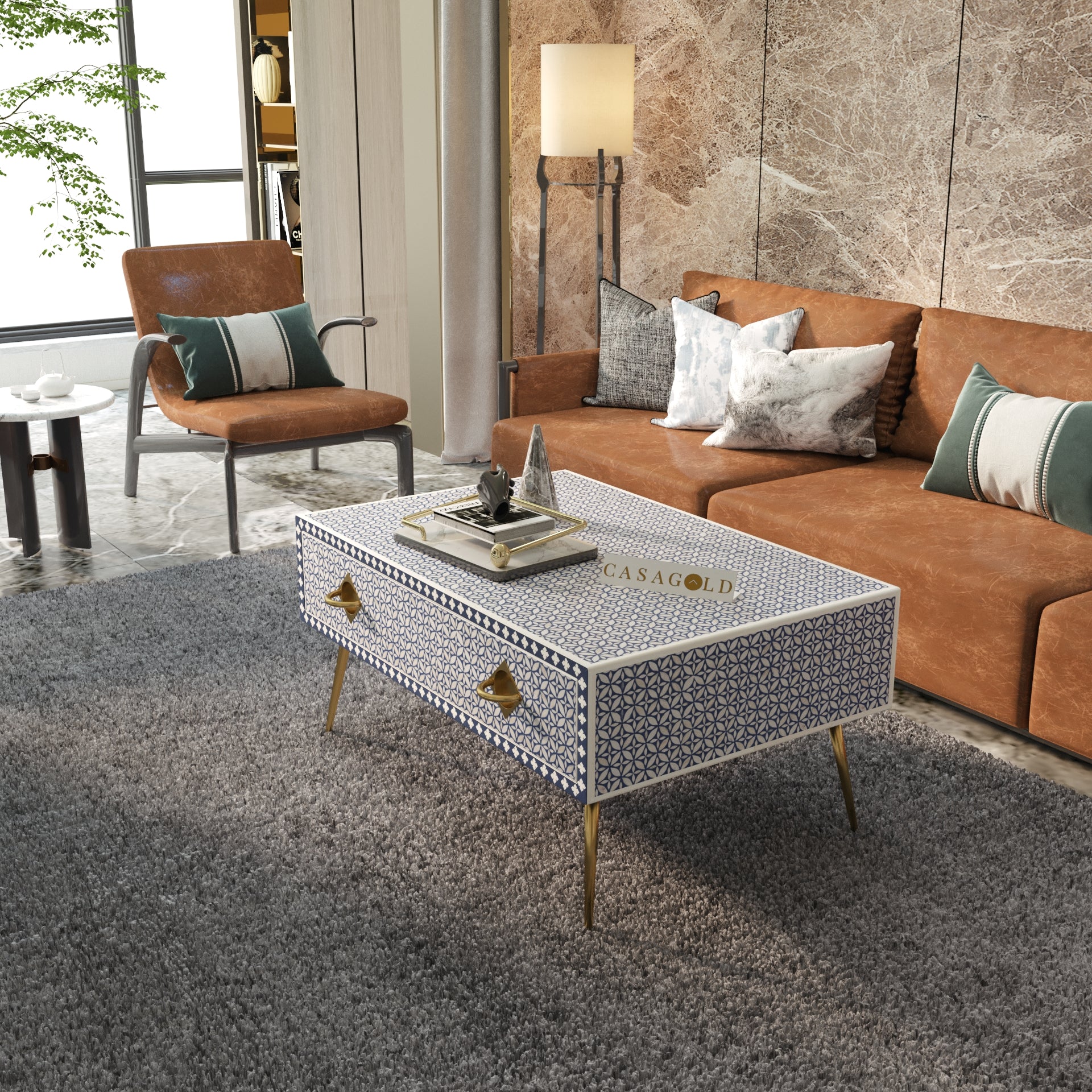 Black and White Bone Inlay Rectangular Coffee Table	