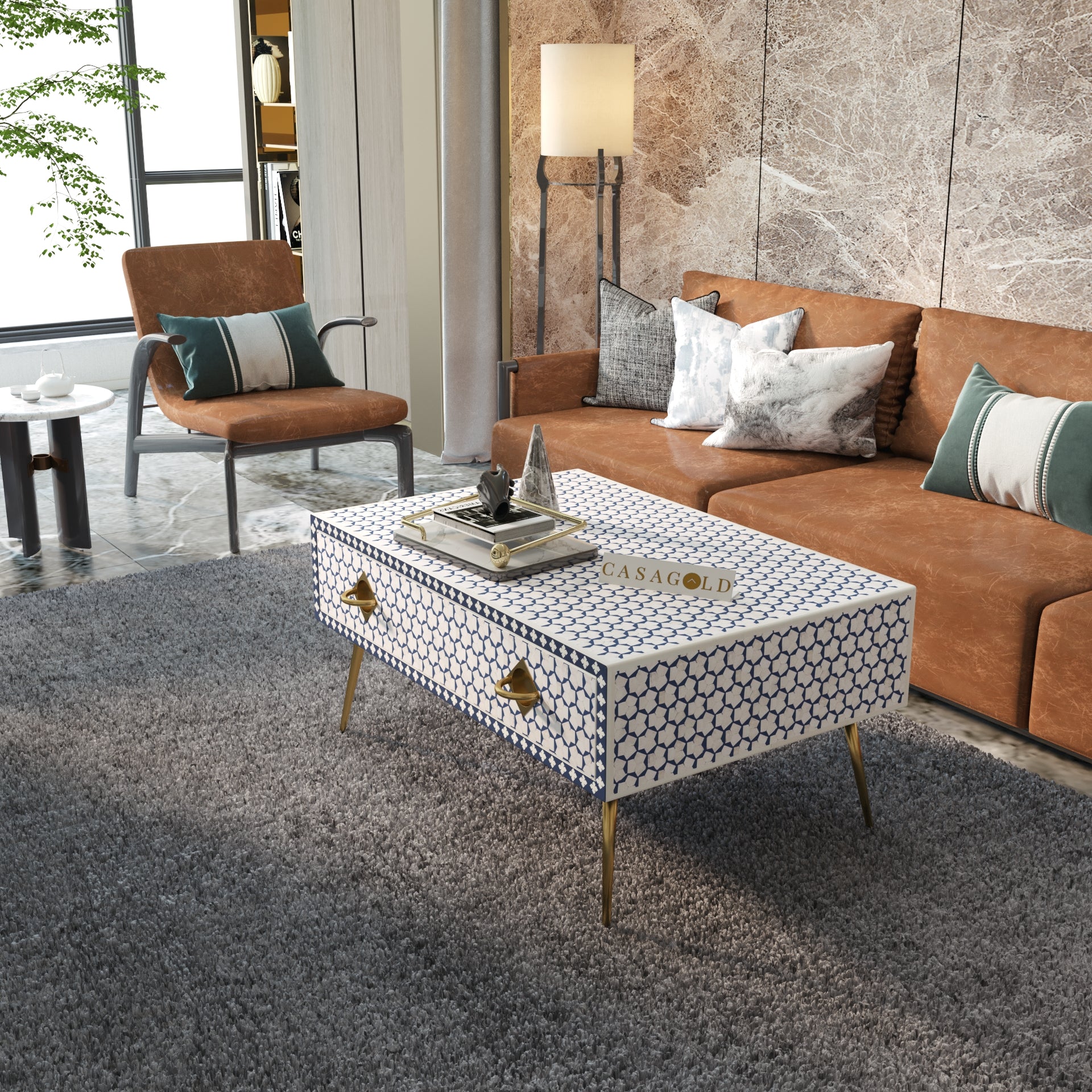 Black and White Bone Inlay Rectangular Coffee Table	