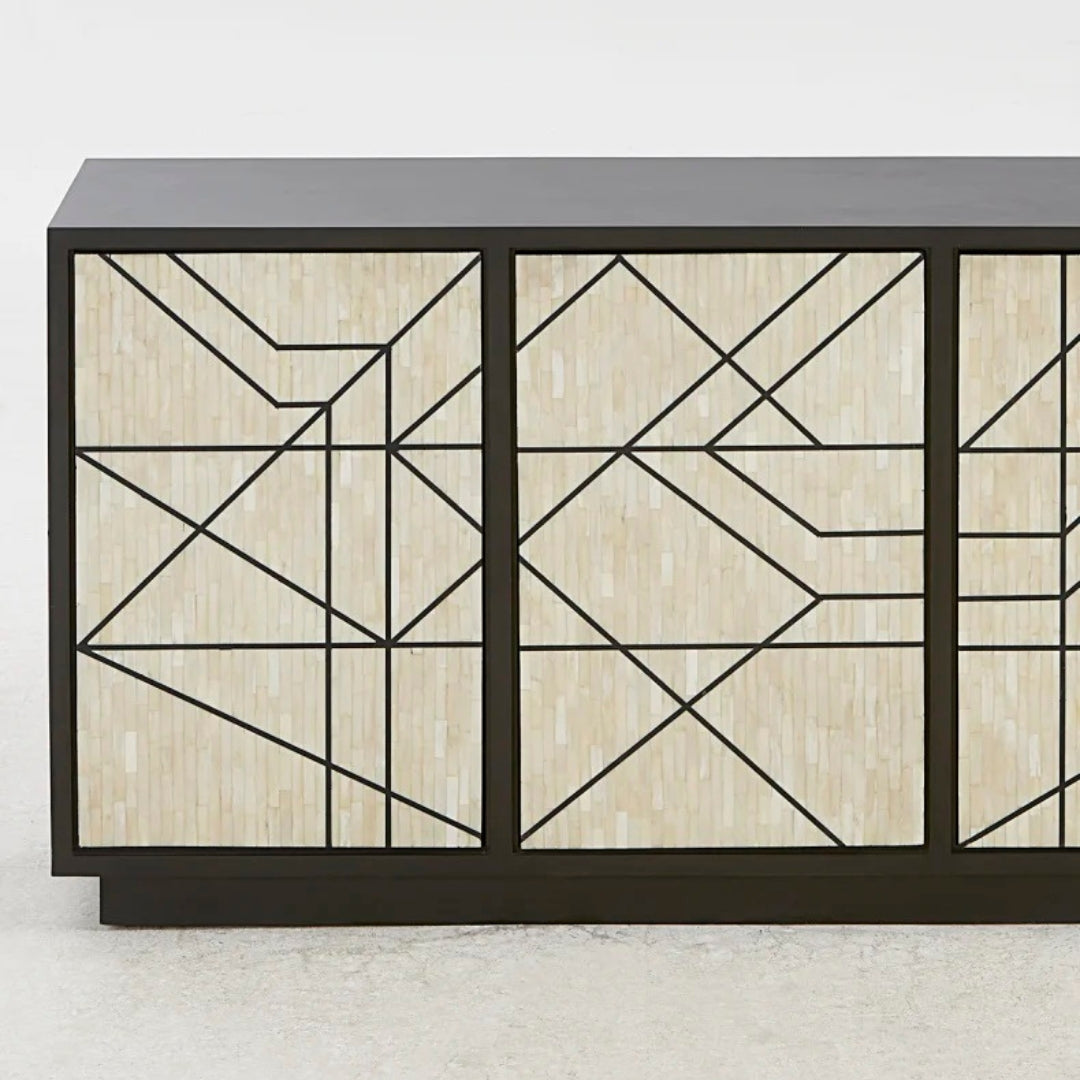 Black and white geometric-pattern bone inlay sideboard for elegant spaces.