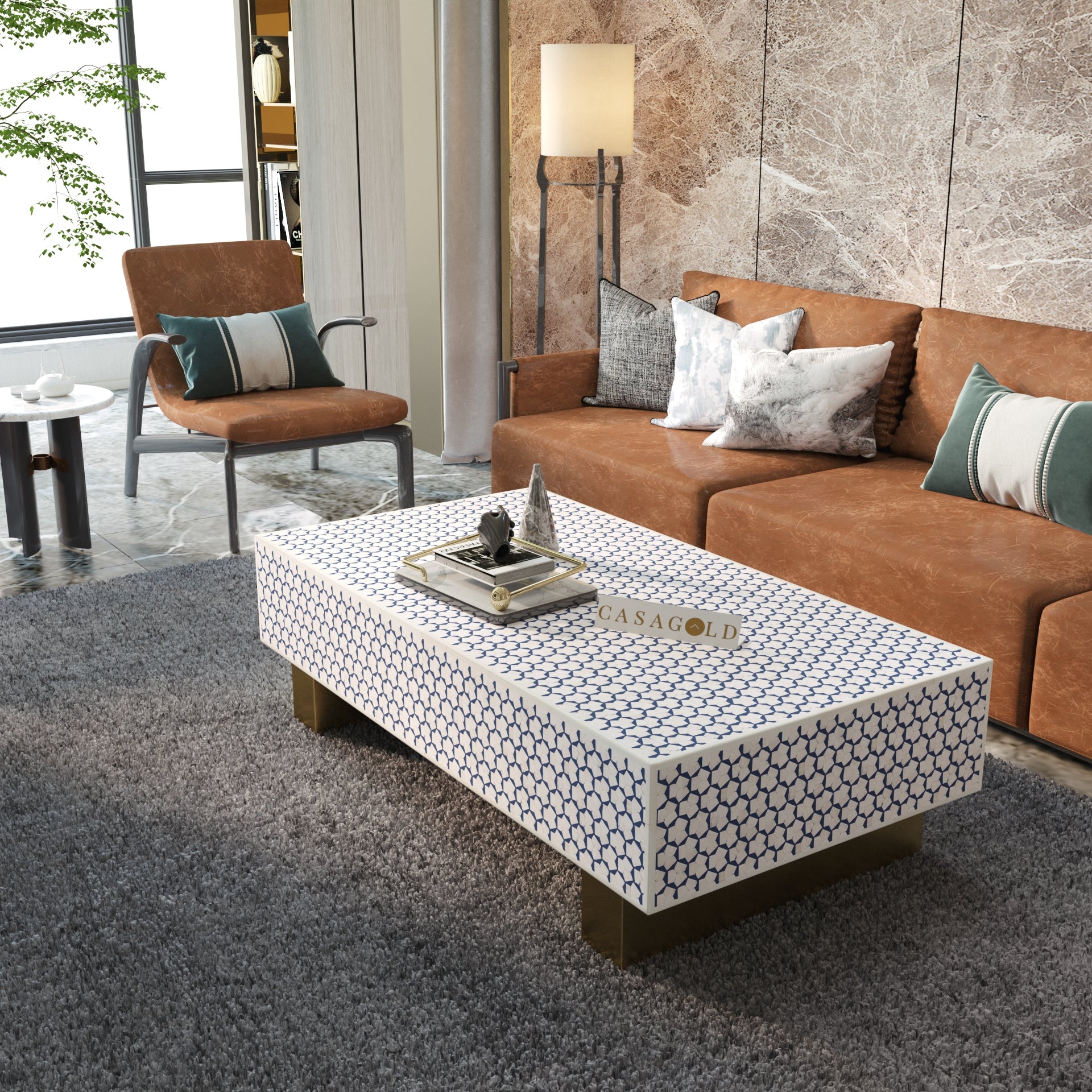 "Black and white rectangular coffee table with bold bone inlay"
