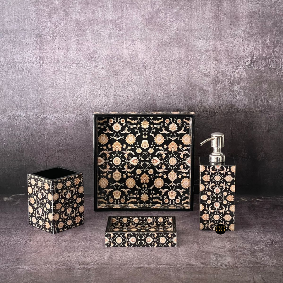 Black bathroom set with silver details