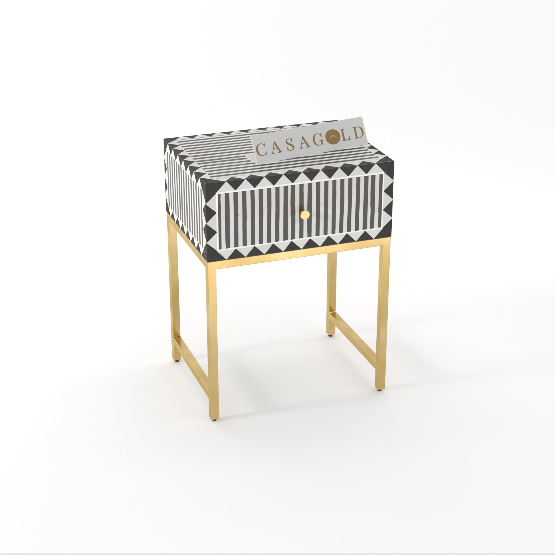 "Black bone inlay round bedside table supported by a sturdy gold frame"
