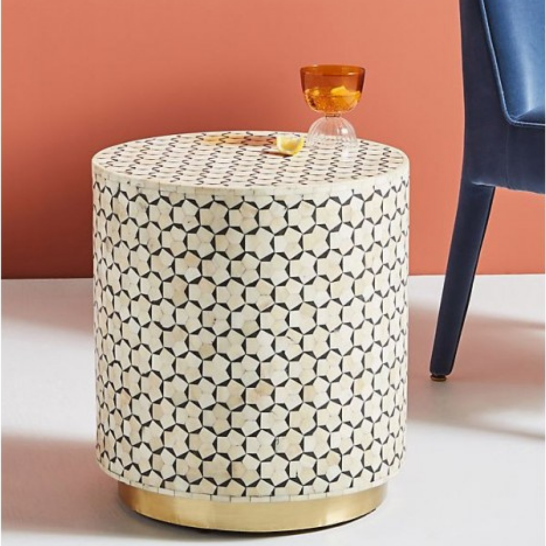 "Black drum inlay side table featuring intricate Targua designs"
