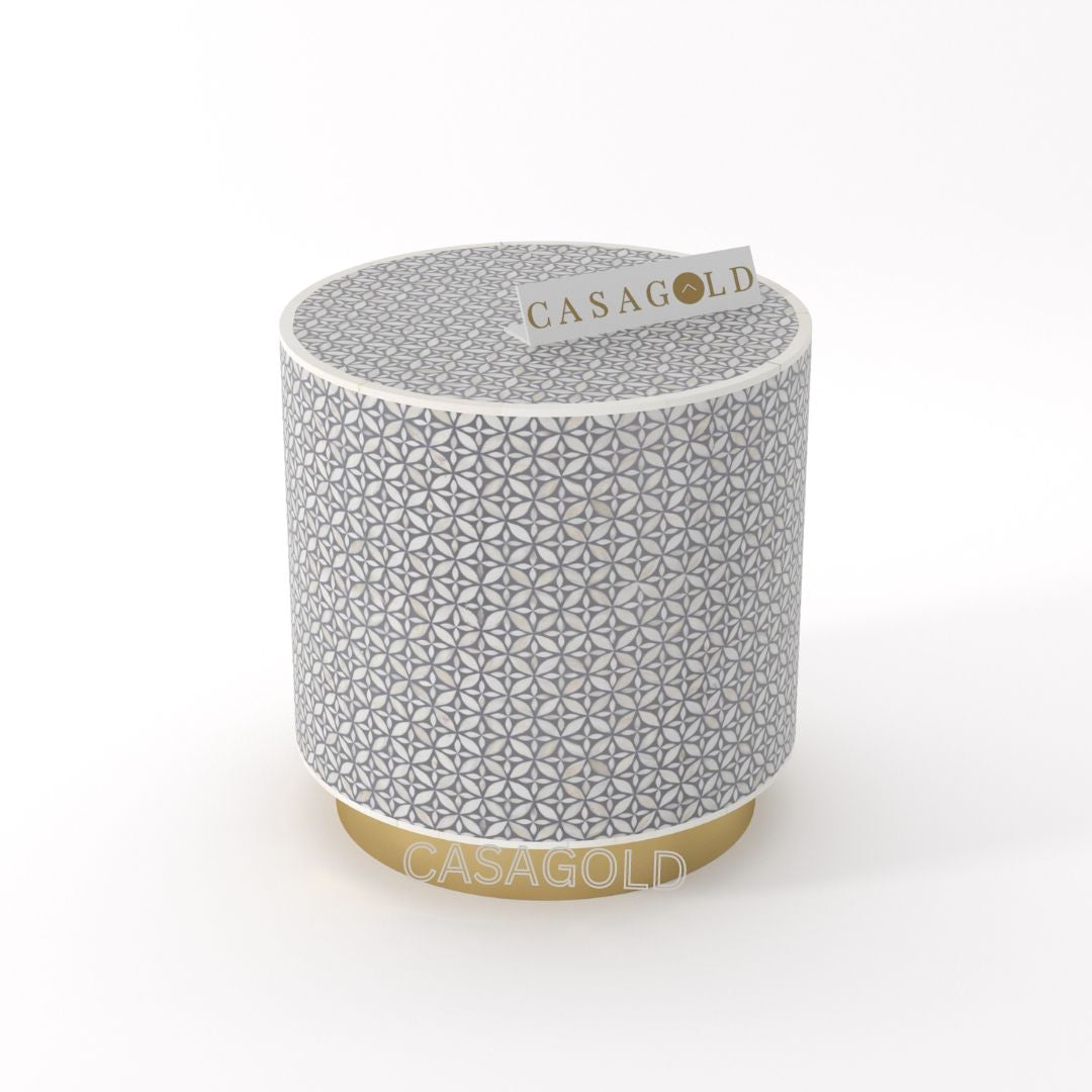 "Black drum inlay side table featuring intricate geometric designs"
