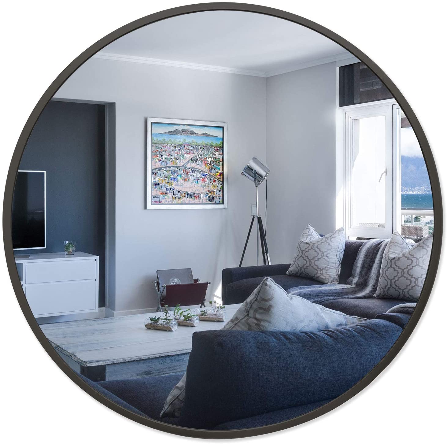Black metal Round framed glass mirror for modern homes