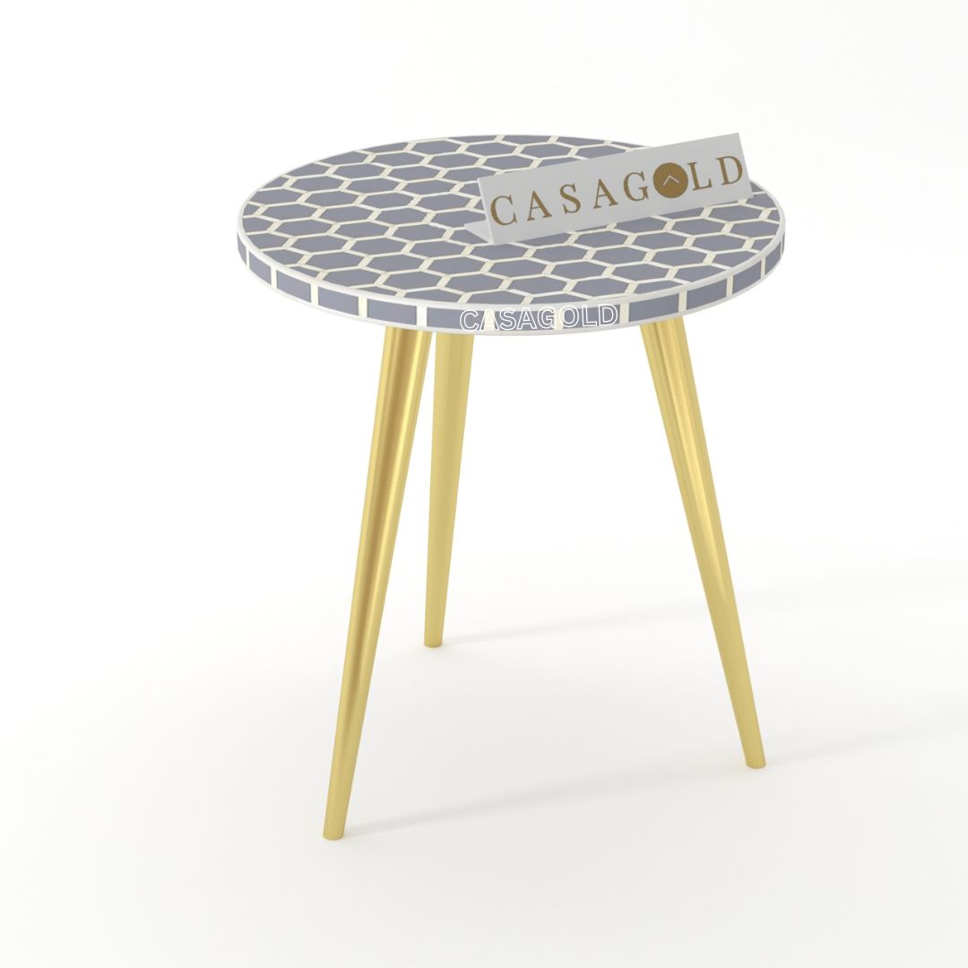 "Black round inlay side table with tapered 3-leg design for a sleek finish"
